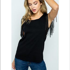 Vocal Moto Fringe Short Sleeve Top Stud Detail